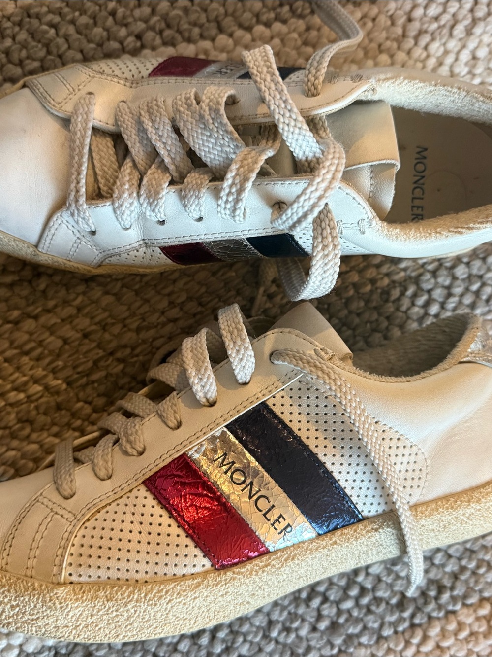 Moncler White Sneakers with Red and Blue Metallic Stripes